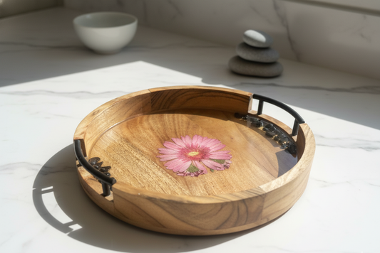 Round Wooden Tray w Floral Design