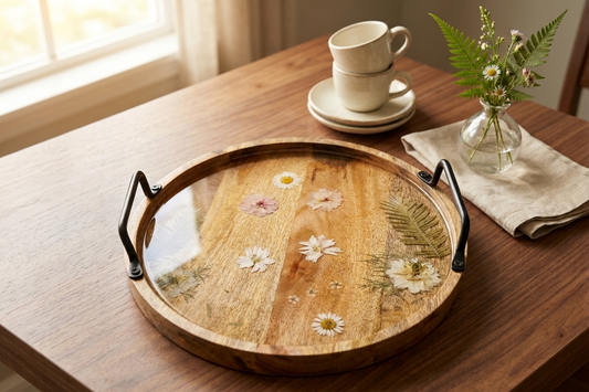 Artisan Pressed Flower Round Wooden Tray with Matte Black Handles