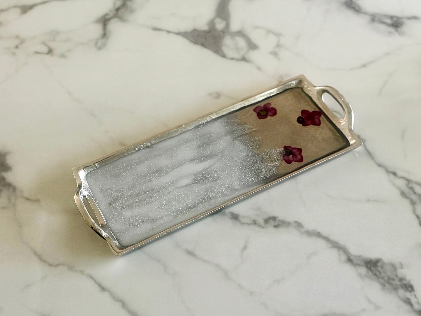 Silver Metal Tray with Metallic Resin and Flowers