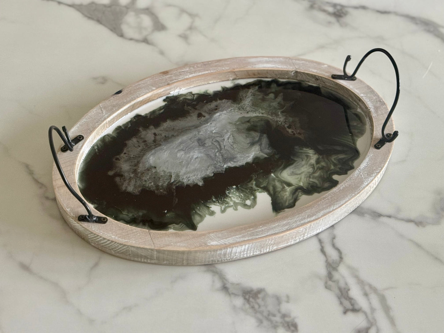 oval wooden Tray with Black Handles and marbeled Resin