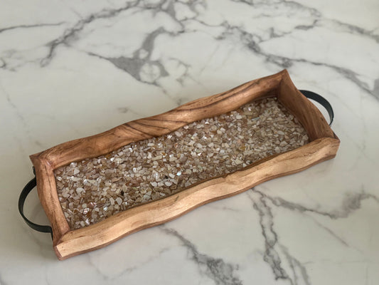 Crushed Sea Shells Rectangular Tray with Black Handles