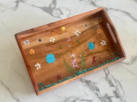 Large Rectangular Wooden Tray with Flowers and Rocks