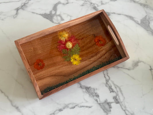 Large Rectangular Wooden Tray with Flowers and Rocks