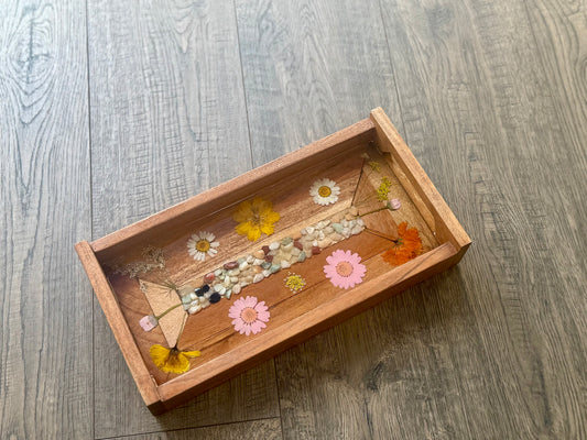 Wooden Rectangular Tray with Flowers