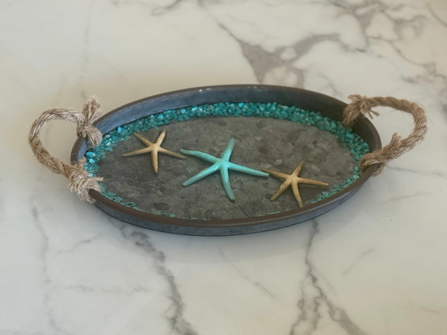 Beach Theme Oval Metal Tray w Rope Handles