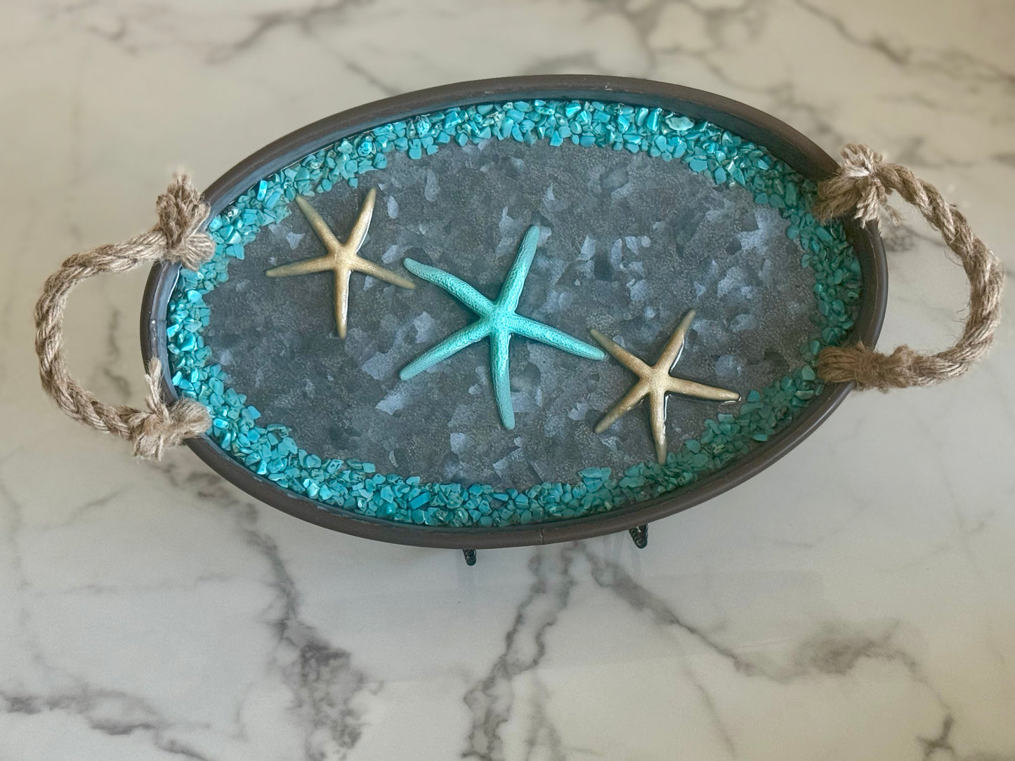 Beach Theme Oval Metal Tray w Rope Handles