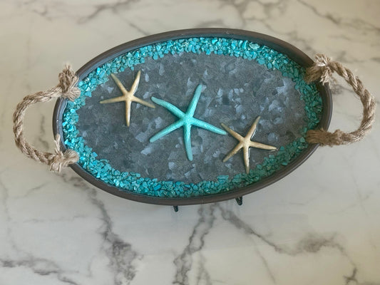 Beach Theme Oval Metal Tray w Rope Handles