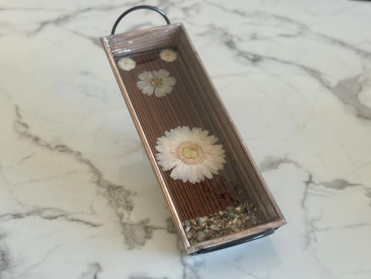 Rustic Rectangular Wooden Tray w Flowers and Rocks
