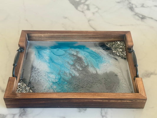 Wooden Marbled Tray with Black Handles
