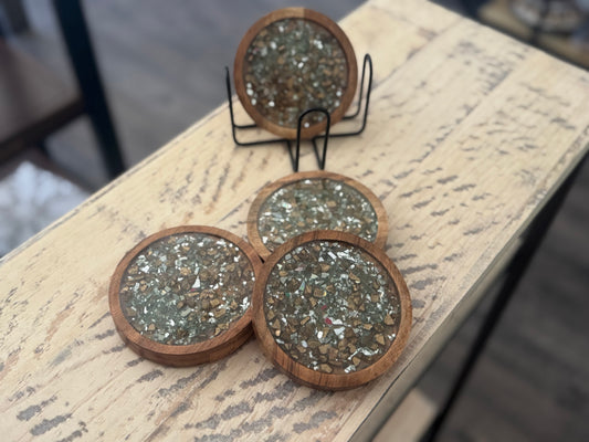 Wooden Coaster Set Crushed Glass 4 pieces