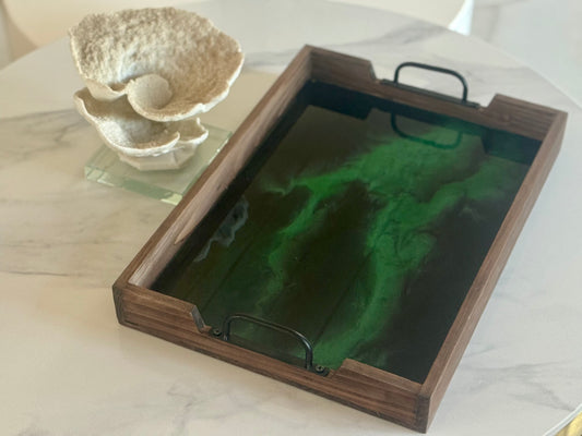 Wooden Tray with Marbled Green and Black Resin