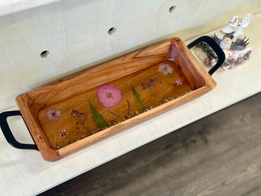 Wooden Tray with Flowers and Rocks