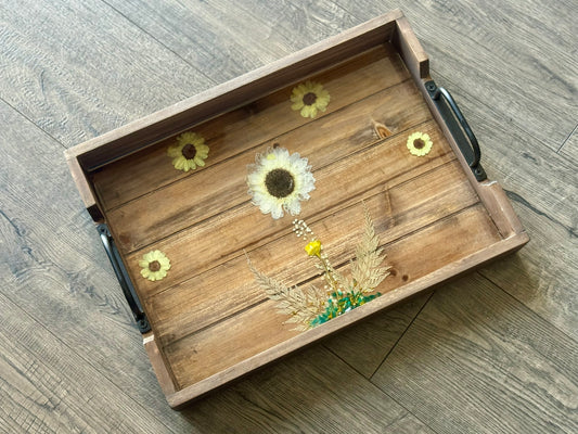 Wooden Tray with White and Yellow Flowers