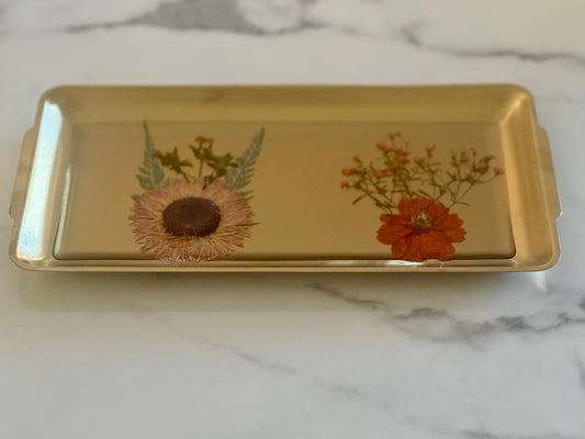 Golden Metal Tray with Flowers