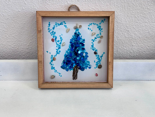 Blue Crushed Glass and Seashell Christmas Tree Wall Hanging