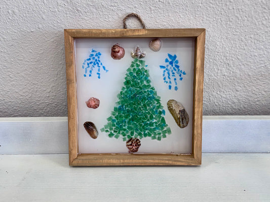 Green Crushed Glass and Seashell Christmas Tree Wall Hanging