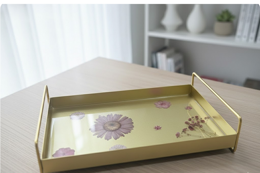 Rectangular Metal Tray with Resin and Flowers