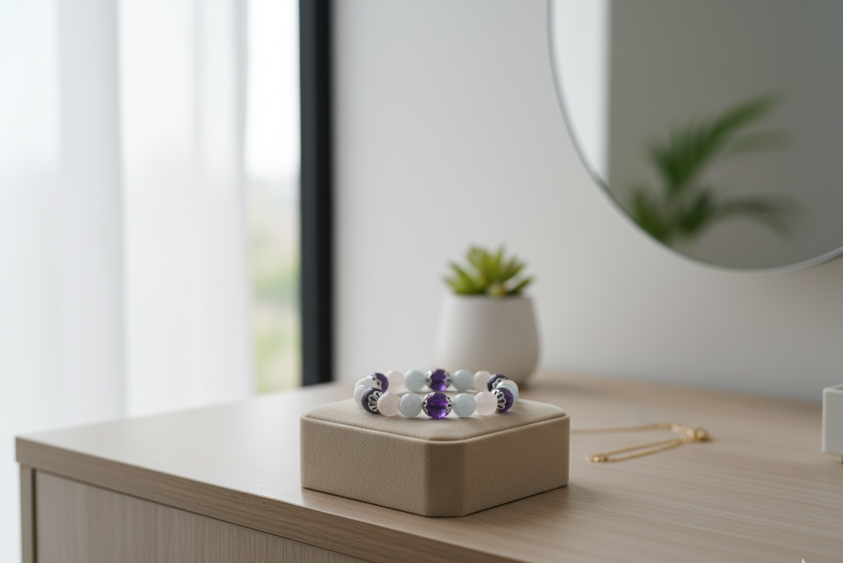 Amethyst, rose quartz and aquamarine bracelet of purple, pink and pale blue beads on a display stand on a bedroom dresser