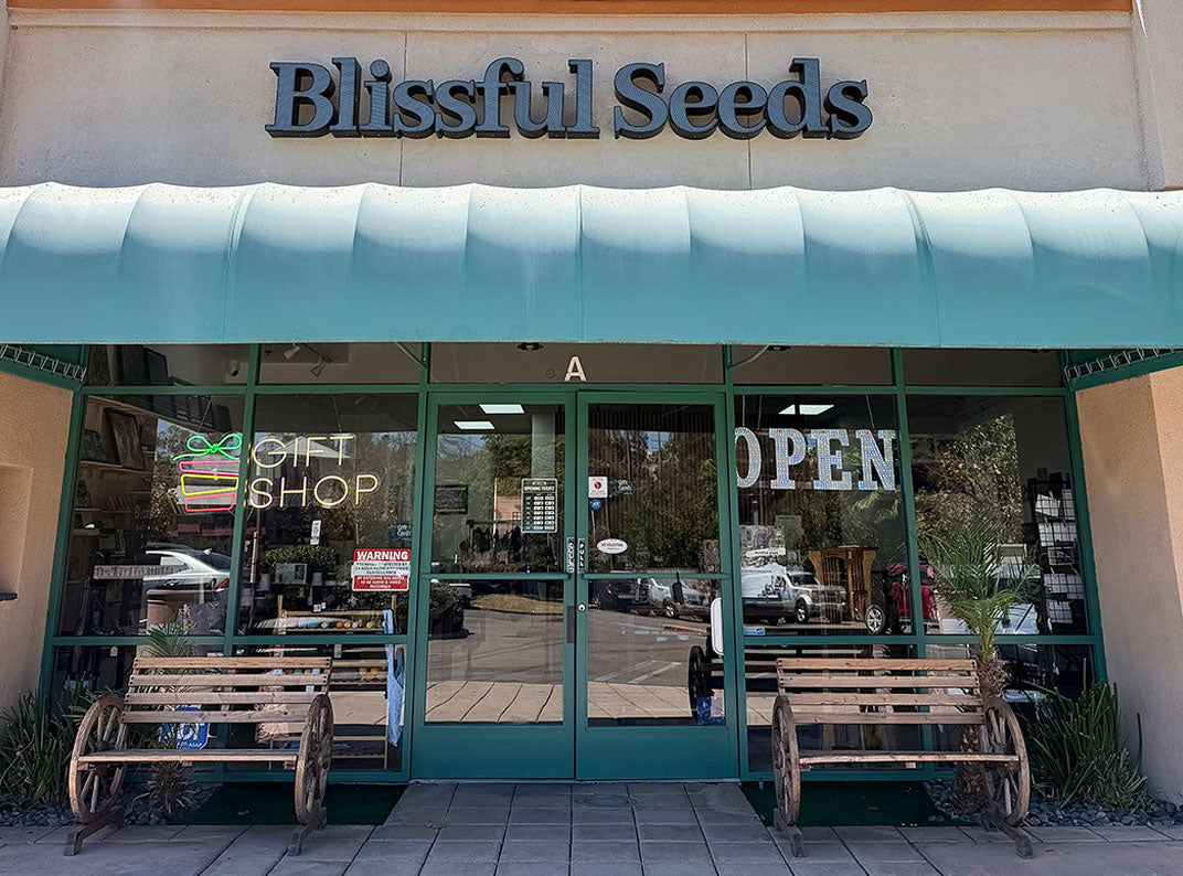 Blissful Seeds storefront at 14969 Pomerado Rd, Suite A, in Poway, CA, with a teal awning, gift shop and open signs in the windows