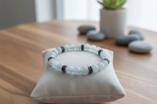 Aquamarine Gemstone Bracelet with frosted pale blue beads and black spacer rings, displayed on a white cushion
