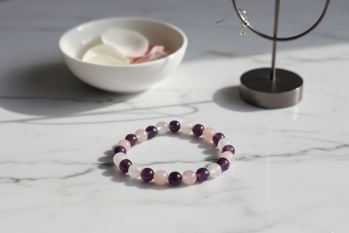 Garnet and Sunstone Bracelet with deep purple, soft pink and white round beads on white marble near a small bowl