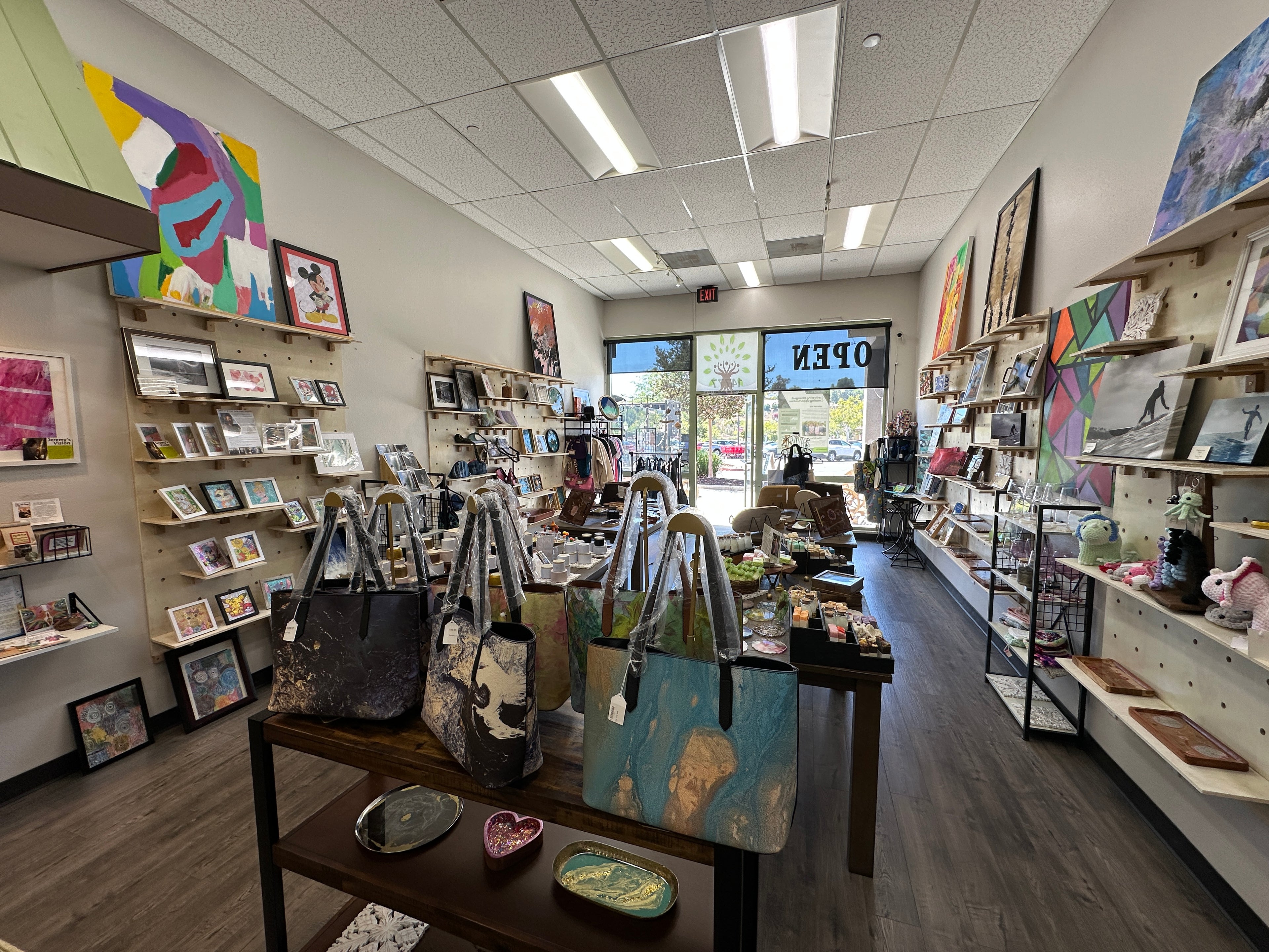 Blissful Seeds gift shop in Poway CA featuring handmade candles, soaps, resin art, and bags created by artists with autism and developmental disabilities