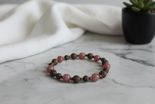 Jasper bracelet of dusty pink round beads alternating with ornate antique copper-tone metal beads, lying on white marble