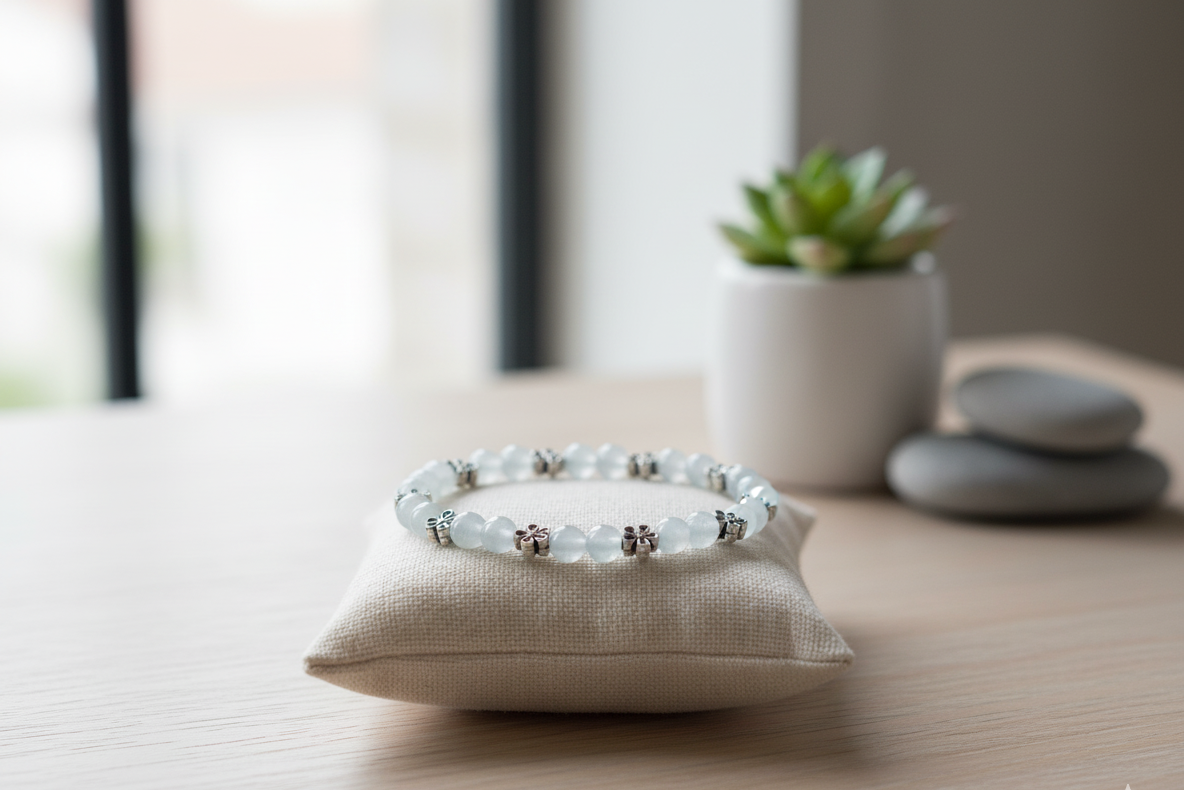 Milky quartz gemstone bracelet of frosted white beads with silver-tone spacers, displayed on a linen pillow