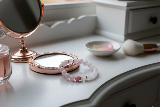 Rose Quartz and Pink Opal Bracelet of pale pink and clear beads resting on a rose gold compact mirror on a white vanity