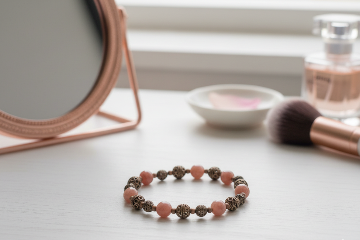 Sunstone Bracelet of peach-pink beads alternating with antique bronze filigree spacers on a vanity beside a mirror