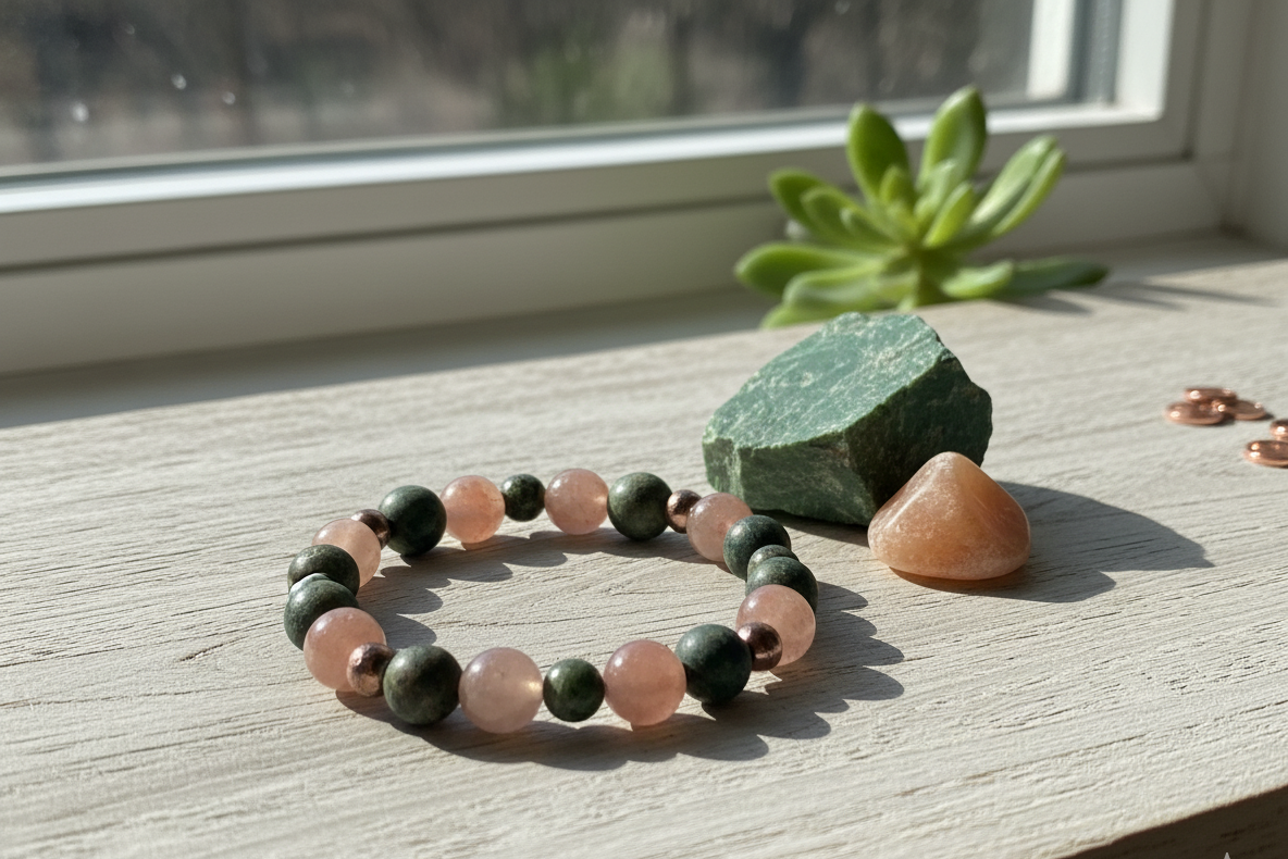 Sunstone Jasper Bracelet with peach and dark green beads and copper spacers on a sunny windowsill by a raw green stone