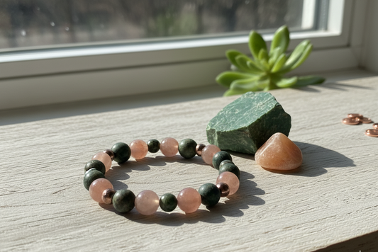 Sunstone Jasper Bracelet with peach and dark green beads and copper spacers on a sunny windowsill by a raw green stone